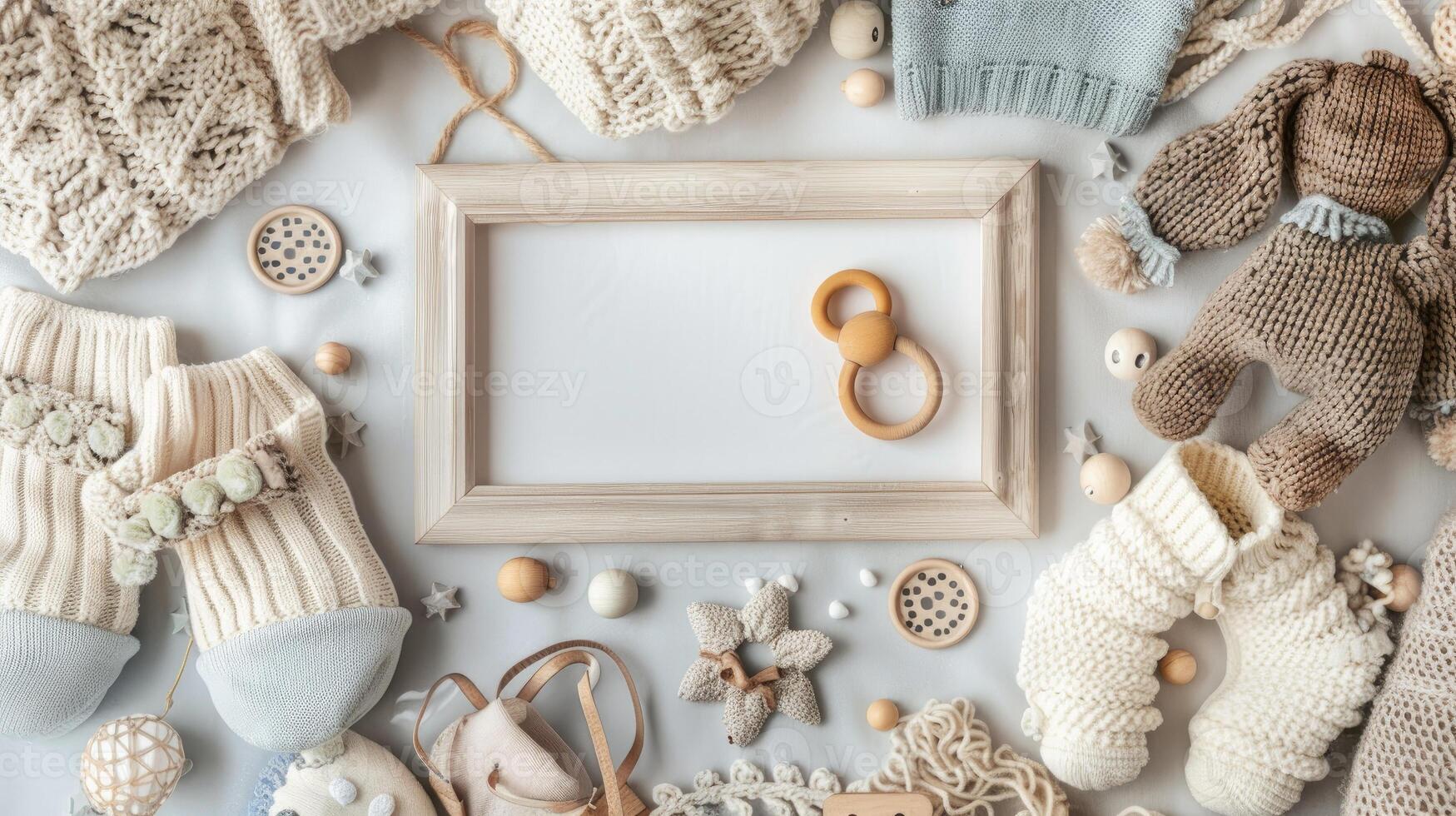 Baby clothes and accessories arranged around a white frame photo