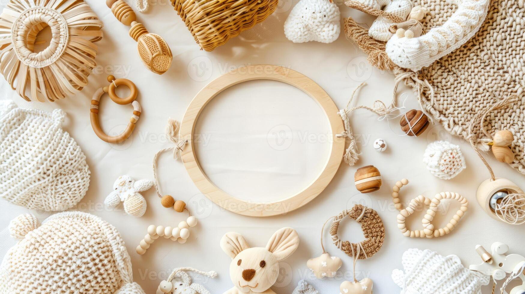 A round wooden frame surrounded by various knitted items photo