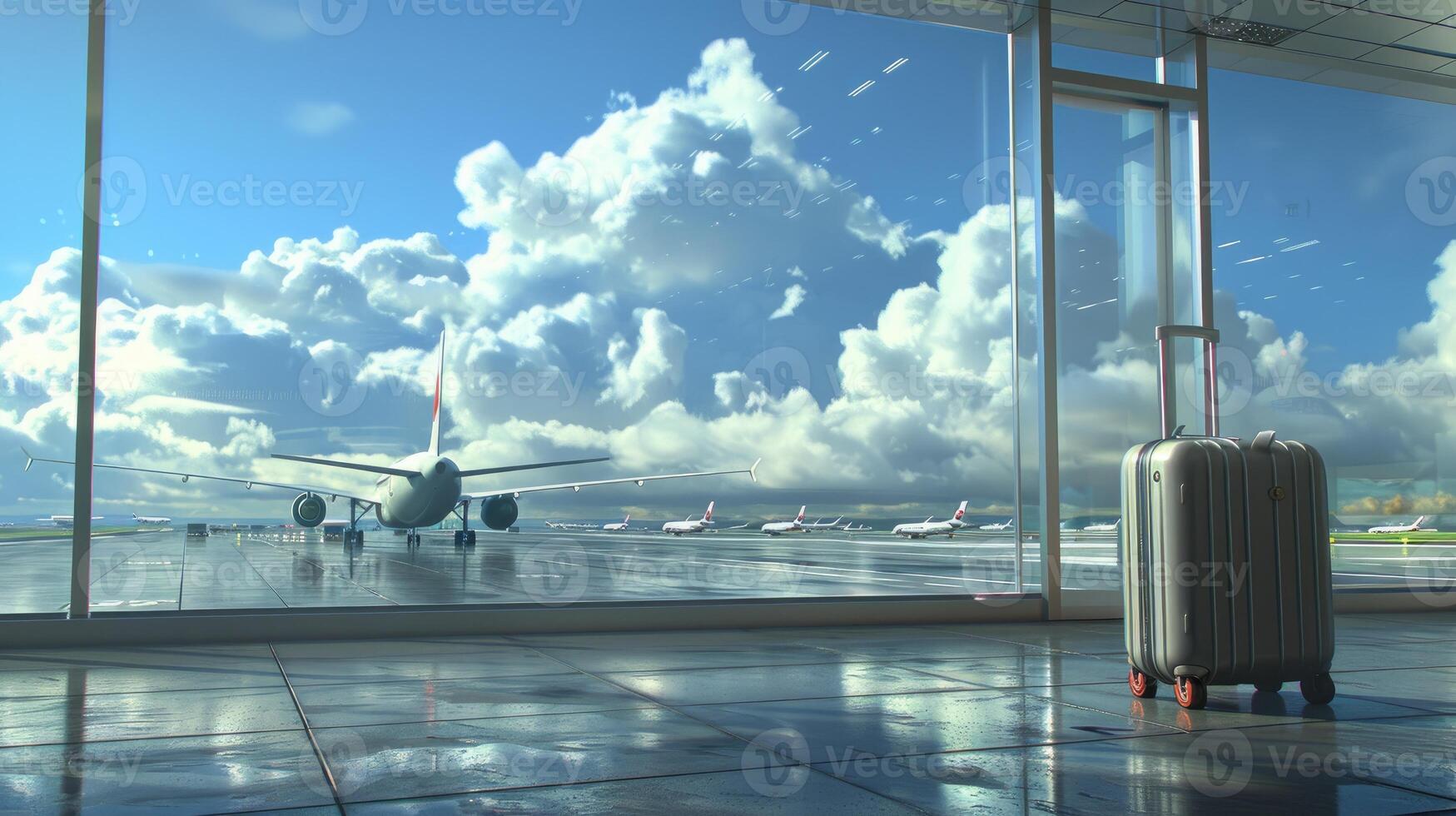 A view of an airport terminal with a plane sitting on the tarmac photo