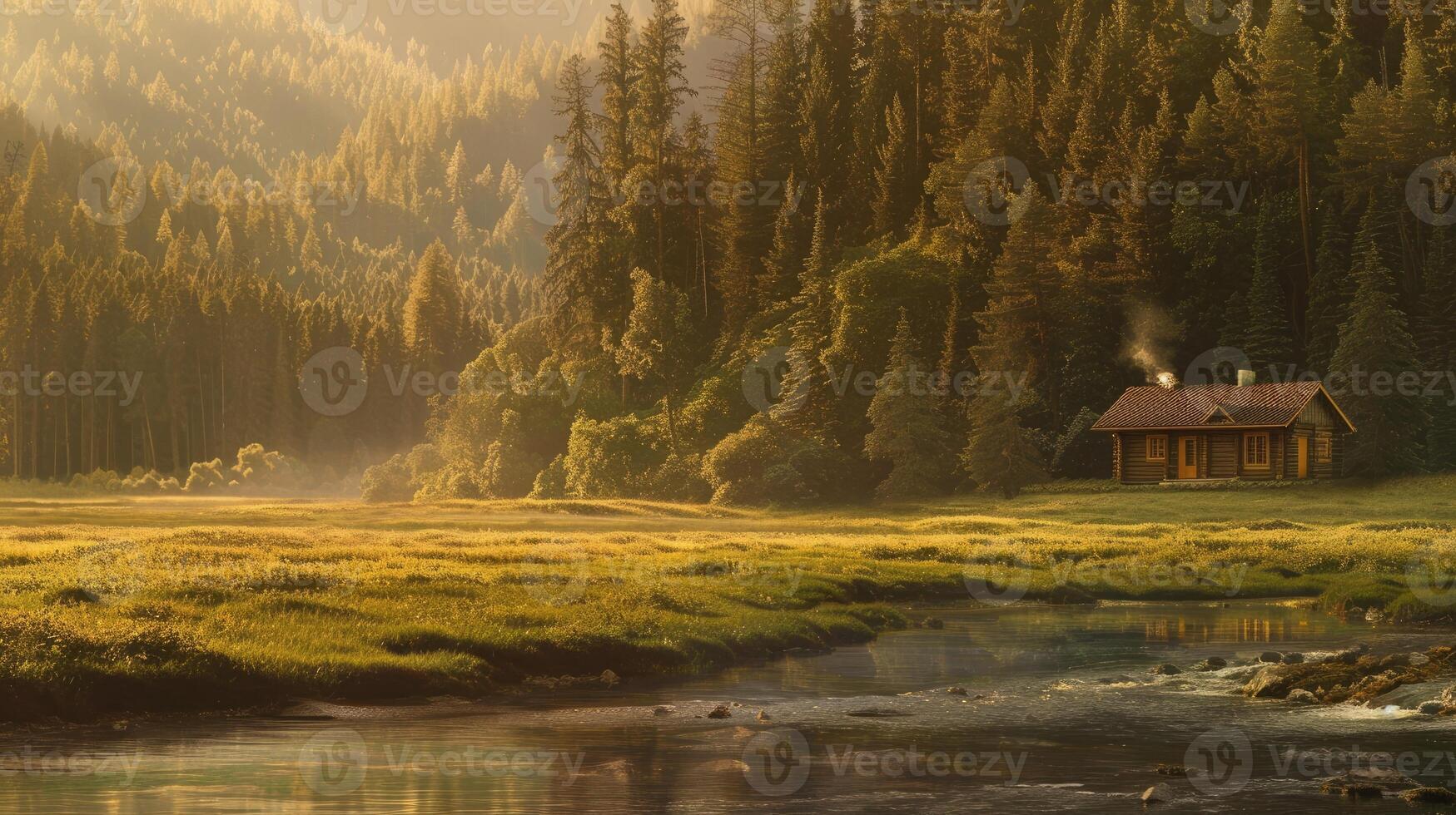 A cabin in the middle of a river with trees and mountains photo