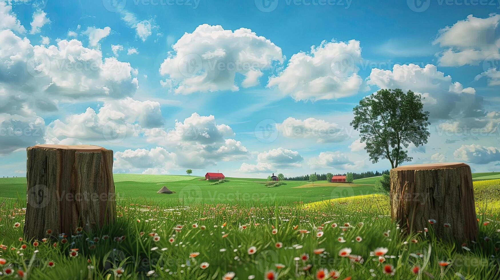 A field with two wooden posts and a blue sky photo