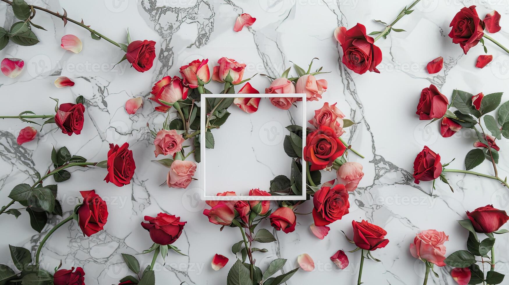 Red roses and white frame on a marble background photo