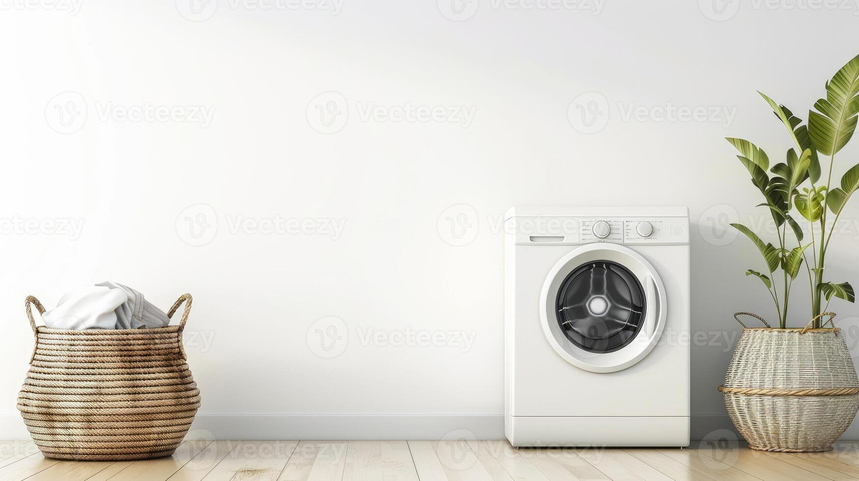 A washing machine and a basket with plants in front of a white wall photo