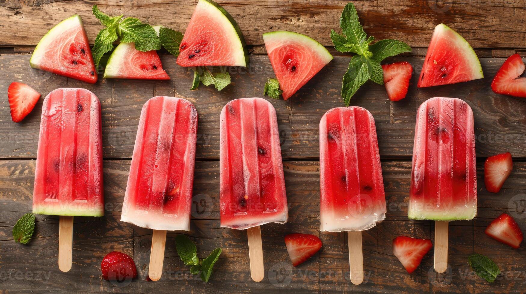 Watermelon popsicles on wooden table with strawberries and mint photo