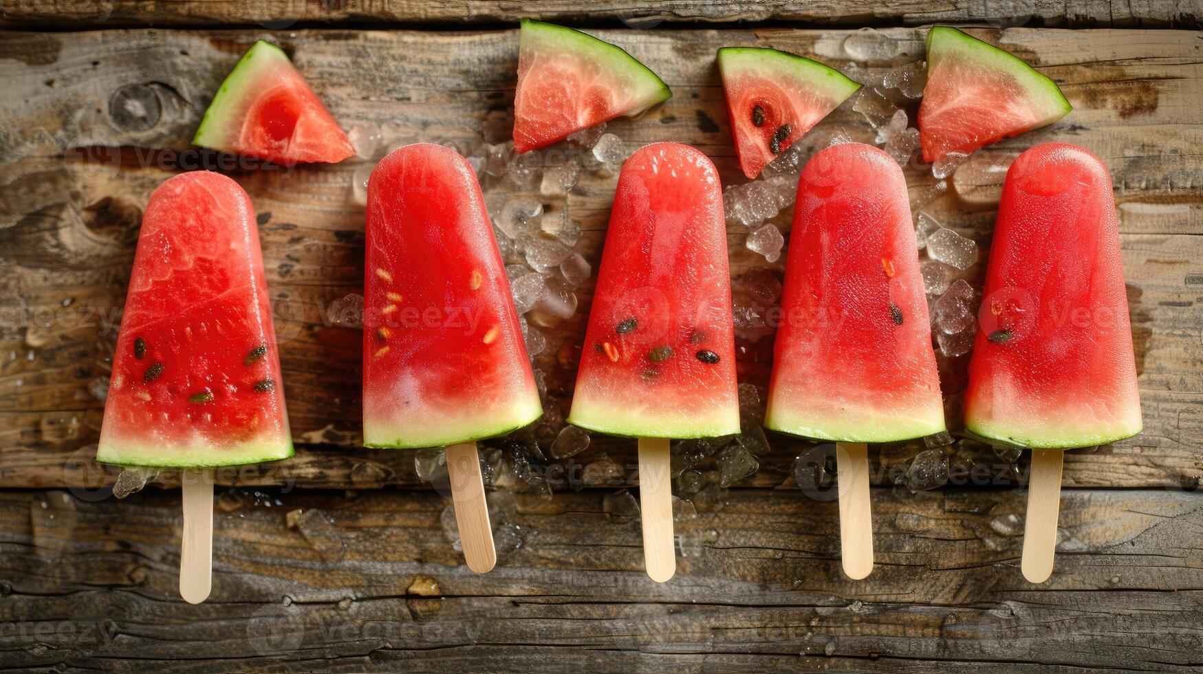 Watermelon popsicles on wooden table photo