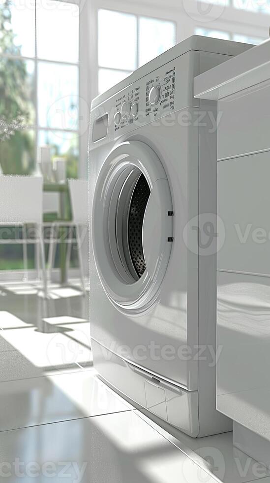 a modern white laundry room interior featuring a washing machine and dryer, with a window positioned on the left side. photo