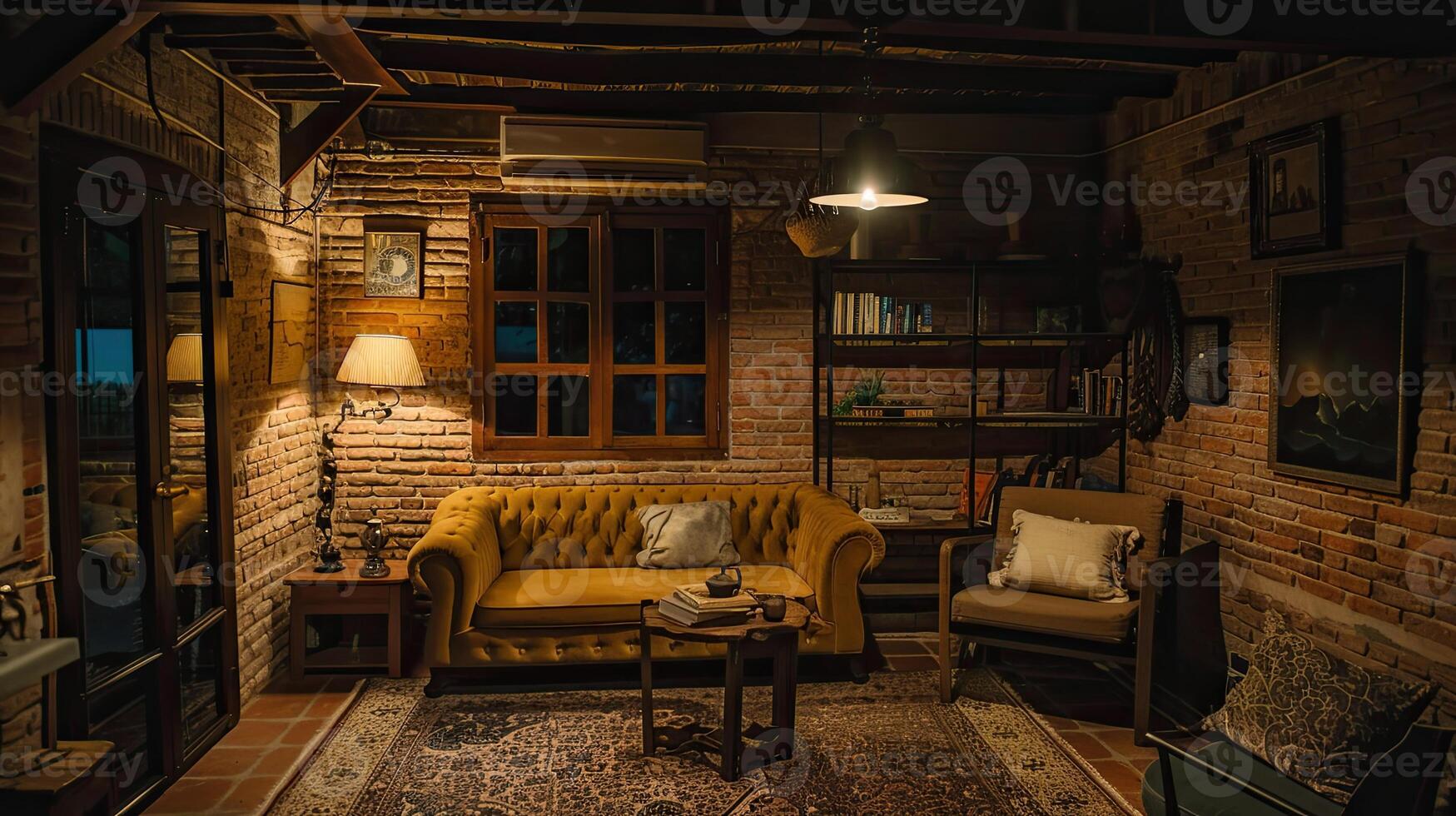 a brown sofa, dark gray brick wall, modern pendant lights, a carpet, wooden coffee table, armchair, black metal shelf with decor items, and a white-framed window. photo