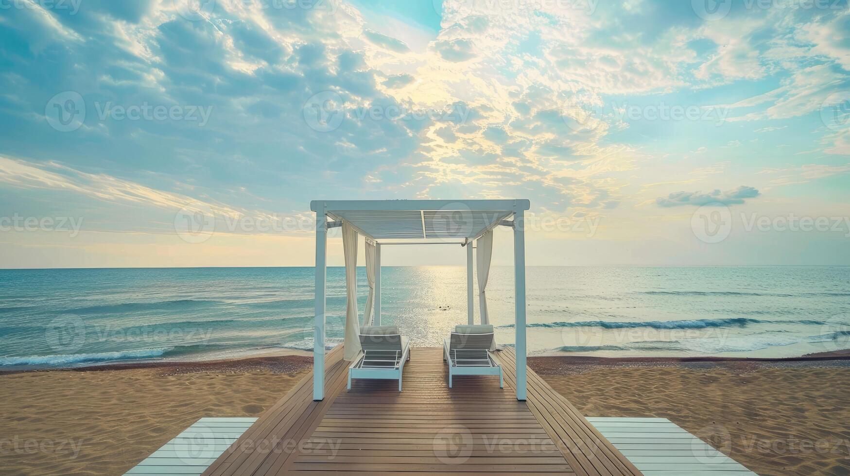 a peekaboo white gazebo with a roof and wooden platform on the beach, surrounded by lounge chairs and canopies, perfect for relaxation. photo