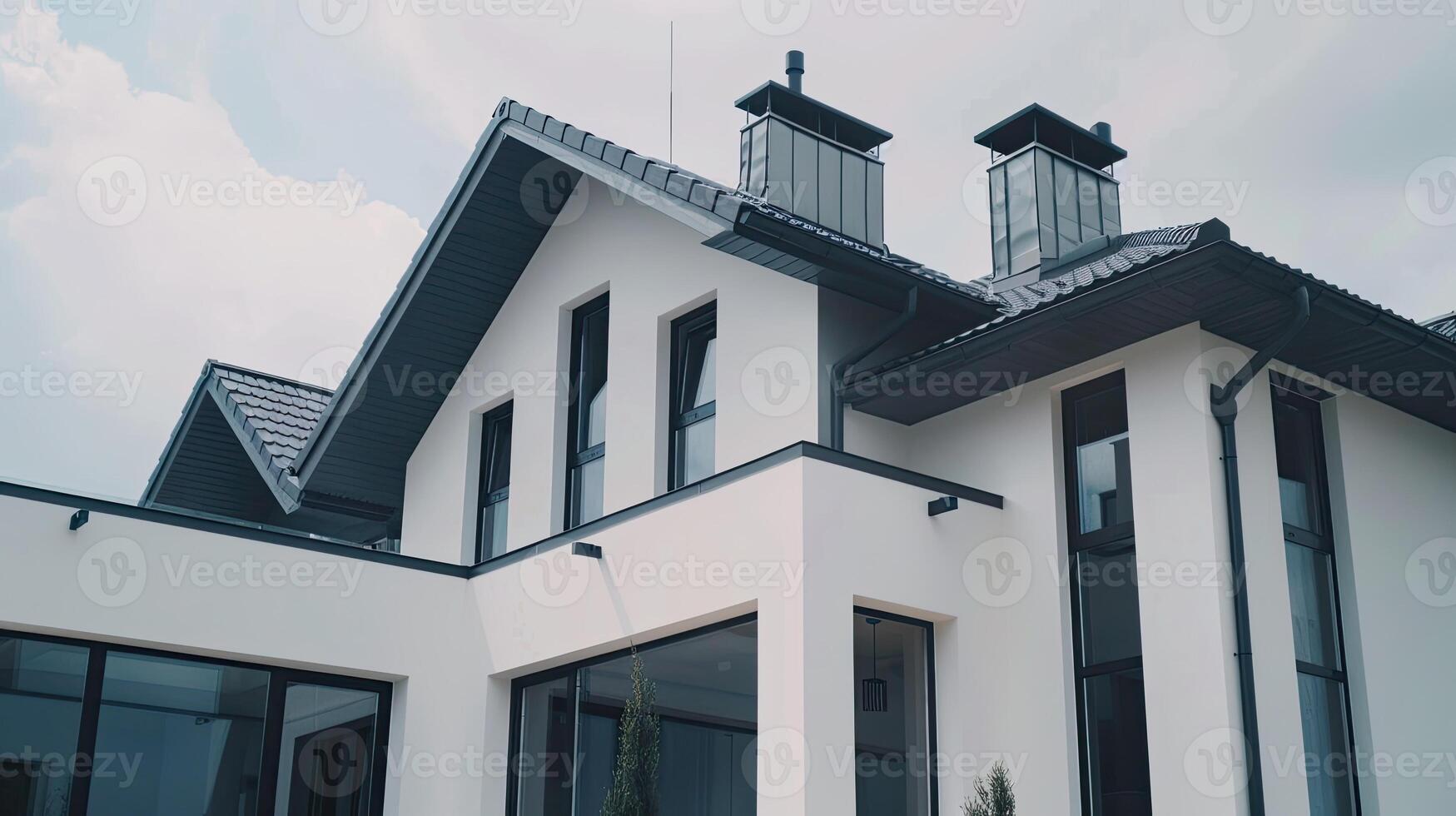 a house featuring black metal roof tiles with gable decoration, showcasing new modern architecture against an isolated background. photo