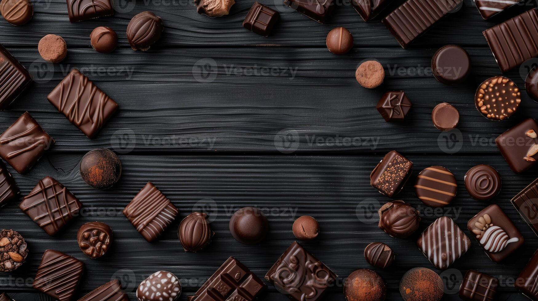 various chocolate pralines arranged on a dark wooden background, with ample space available for text. photo