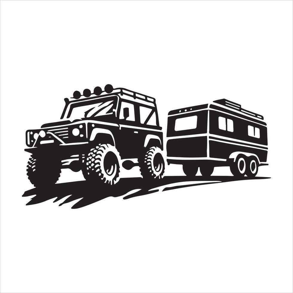 Off-road vehicle with trailer icon silhouette white background vector