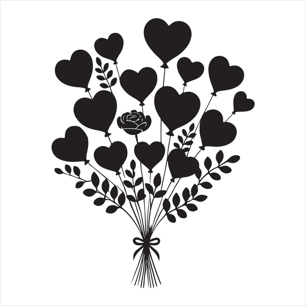 Black HeartShaped Balloons in a Bouquet silhouette on white background vector