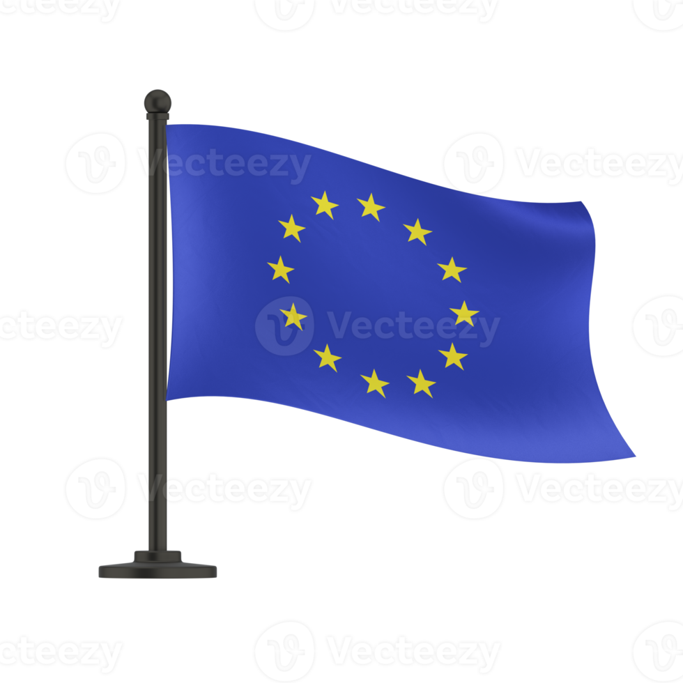 Flag of the European Union waving in the wind on flagpole, 3d illustration png