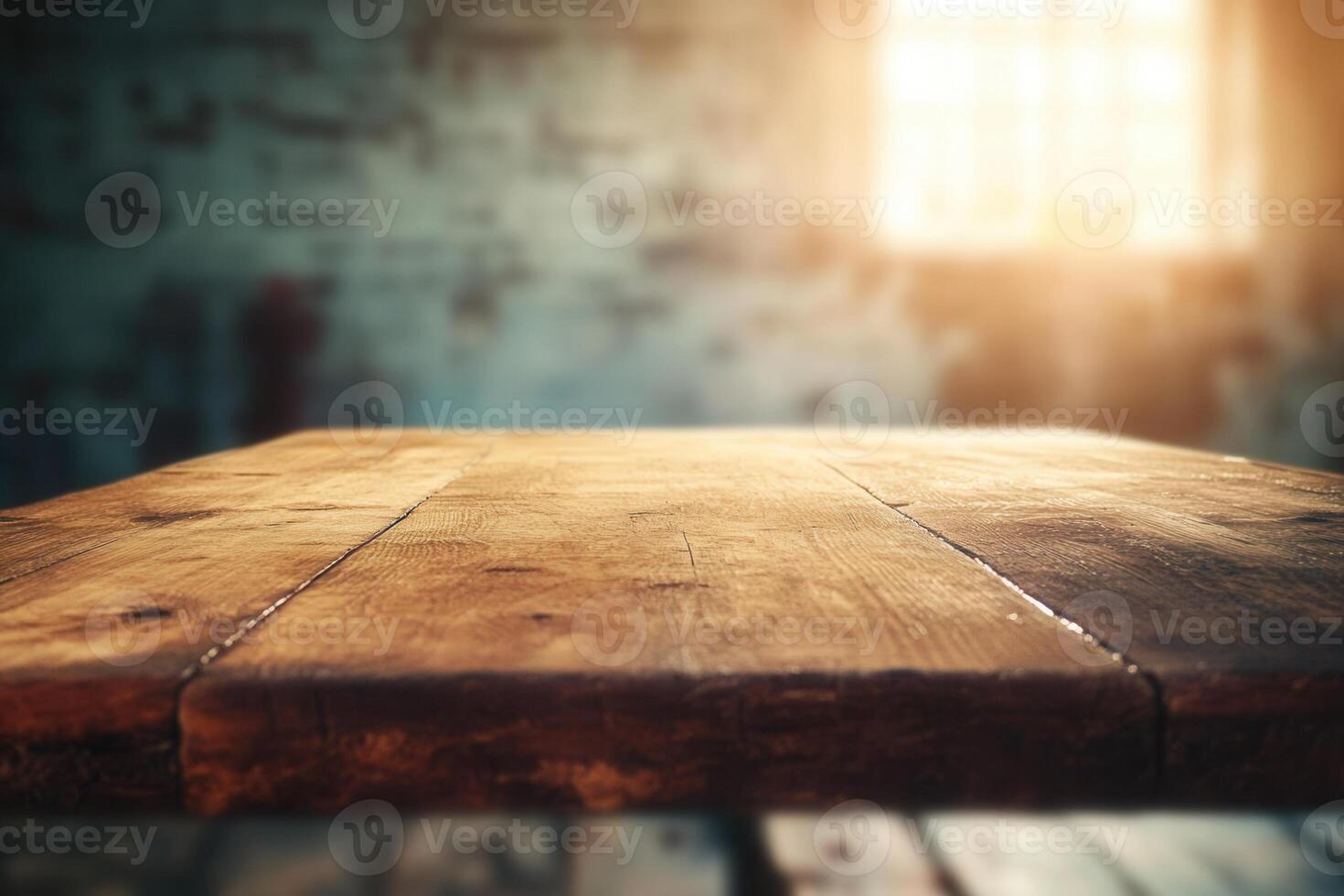 A rustic wooden table in a softly lit environment. photo