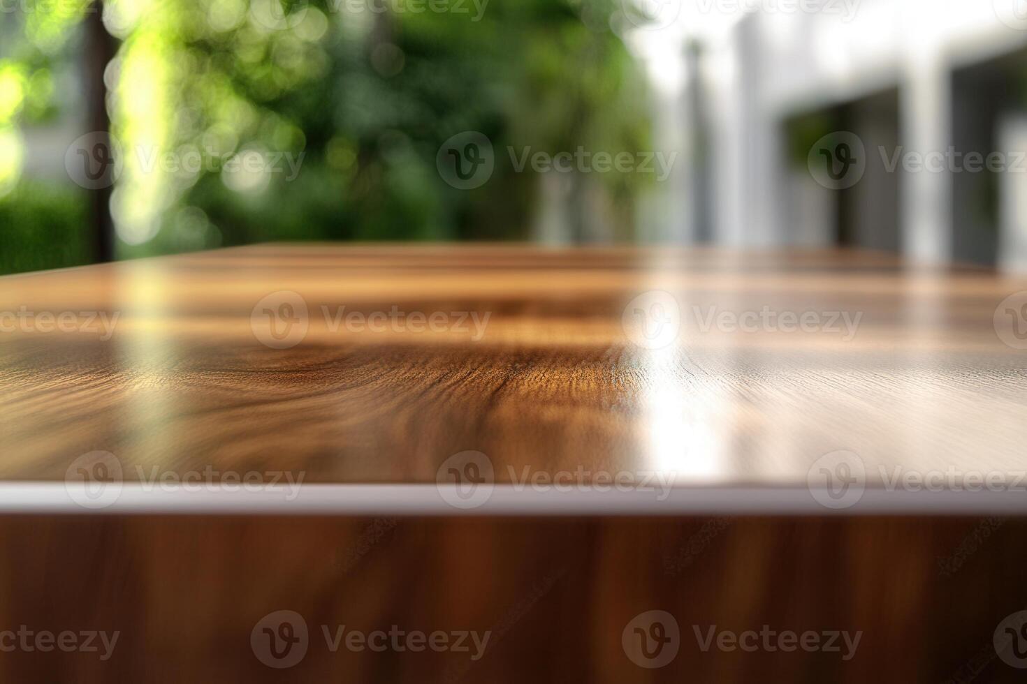 Close-up of a polished wooden table in a serene setting. photo