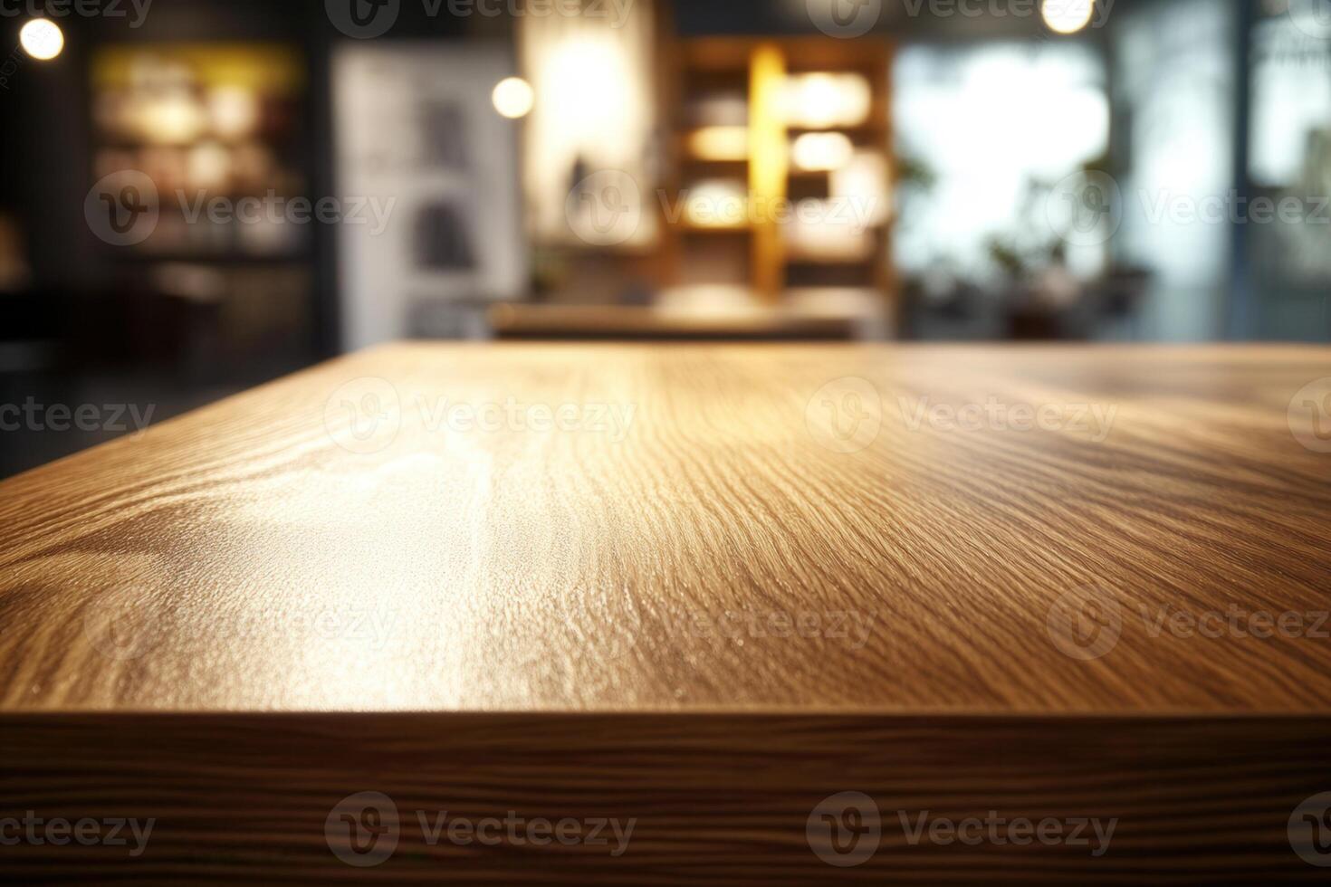 Close-up of a polished wooden table surface. photo