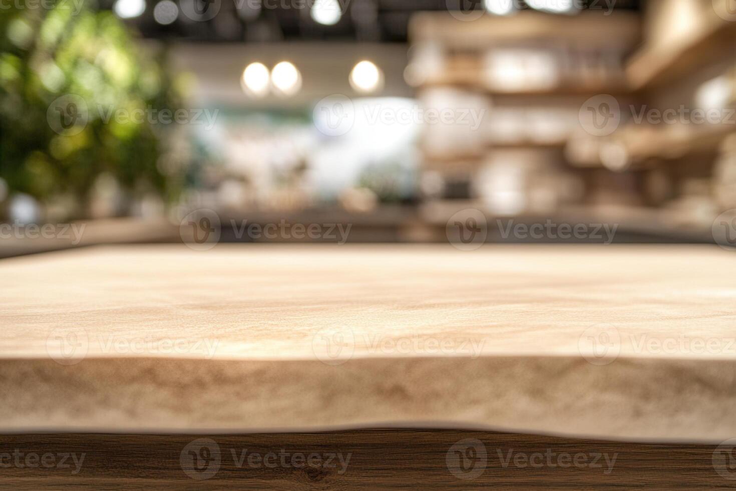 Blurred background of a wooden table in a modern setting. photo