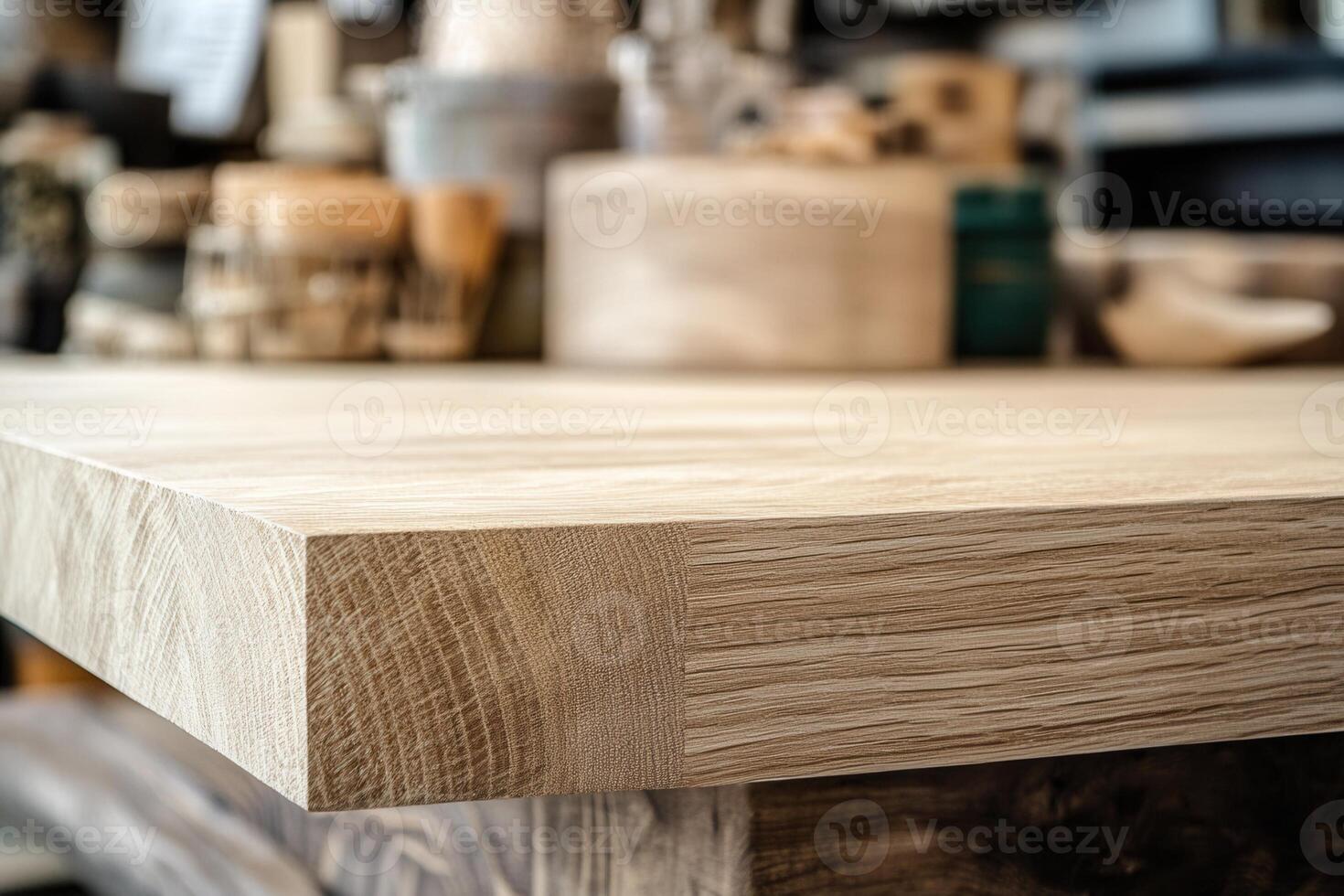 Close-up of a wooden table surface in a workshop setting. photo