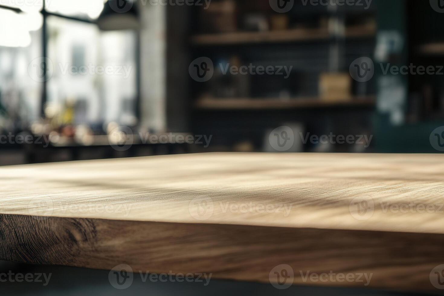 Close-up of a wooden tabletop in a workshop setting. photo