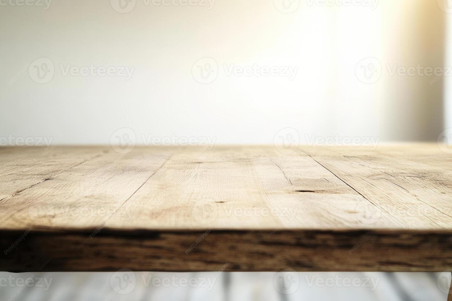 Wooden table with soft lighting for presentations. photo