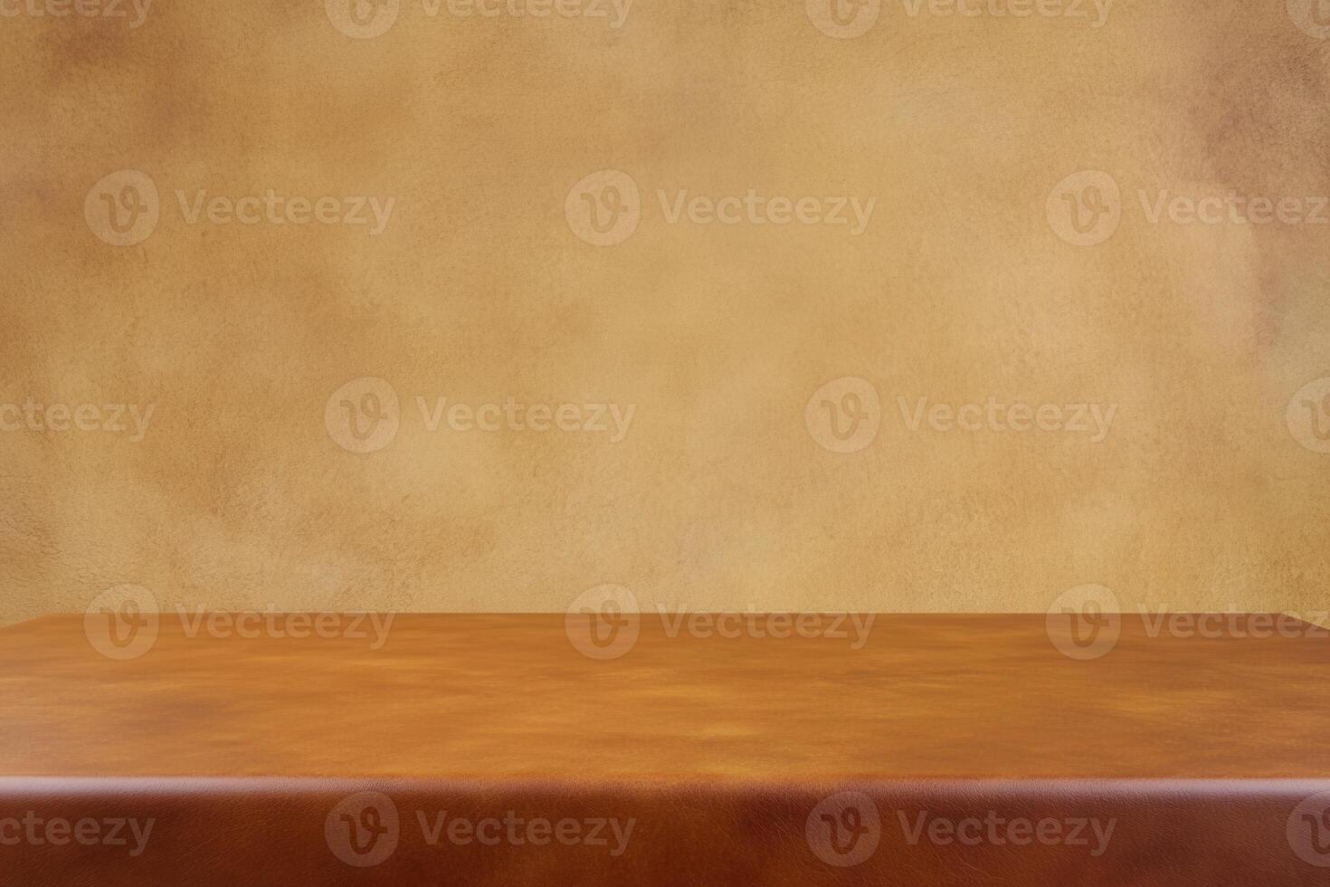 Simple wooden table against a textured beige wall. photo