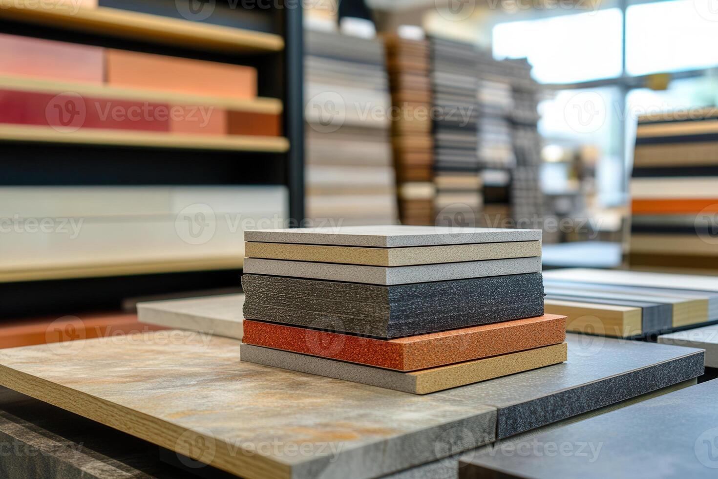 Stacked samples of various materials in a display setting. photo