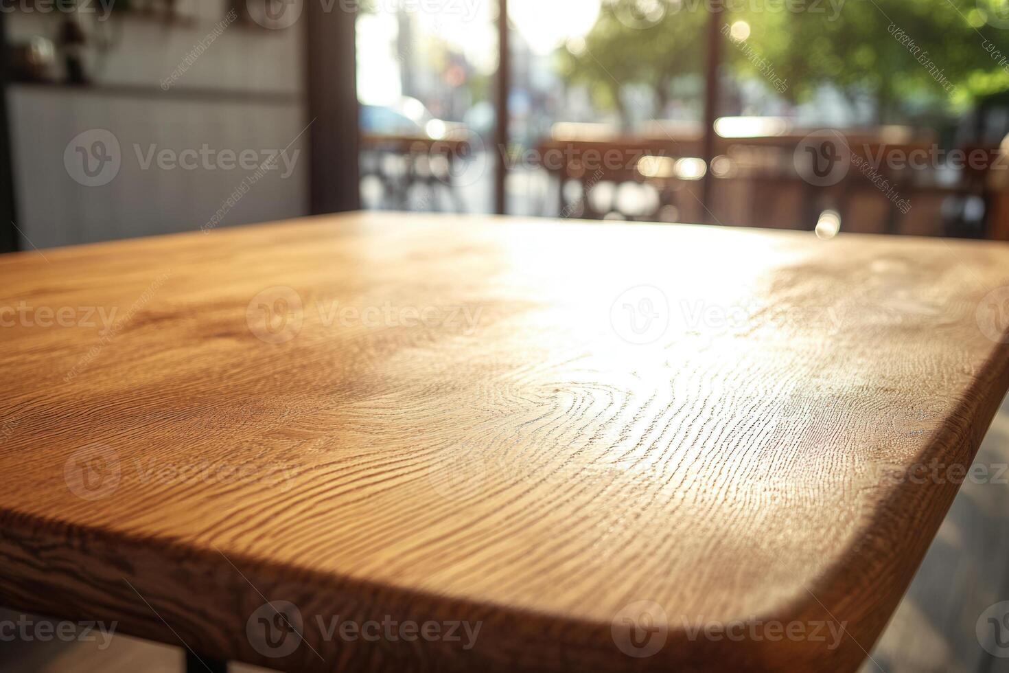 Wooden table in a cozy cafe setting. photo