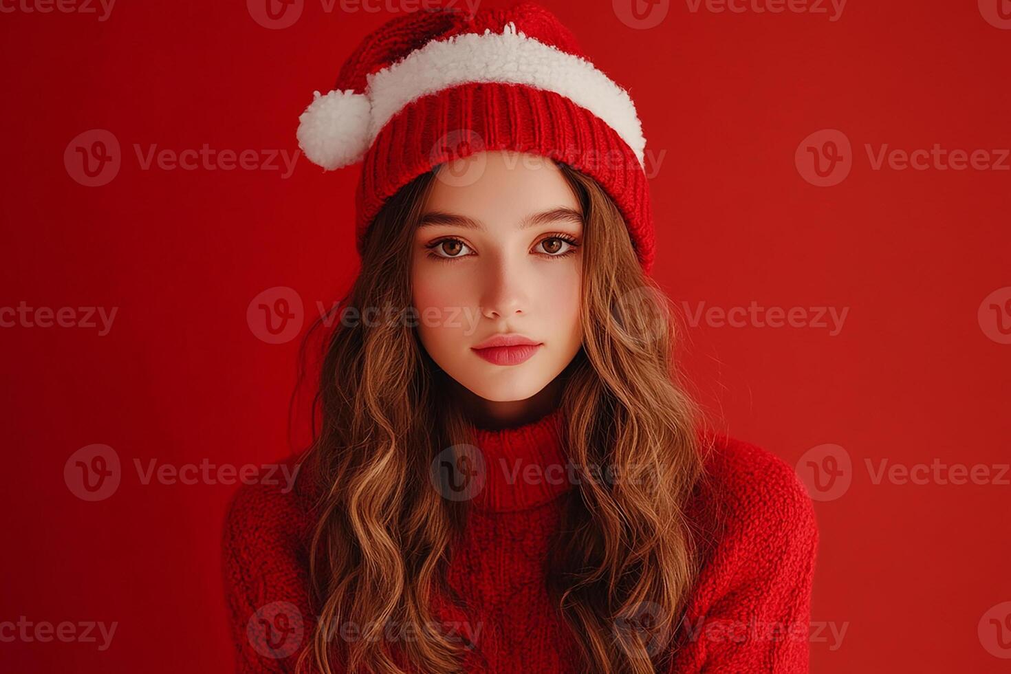 Beautiful young woman in red sweater and santa hat photo