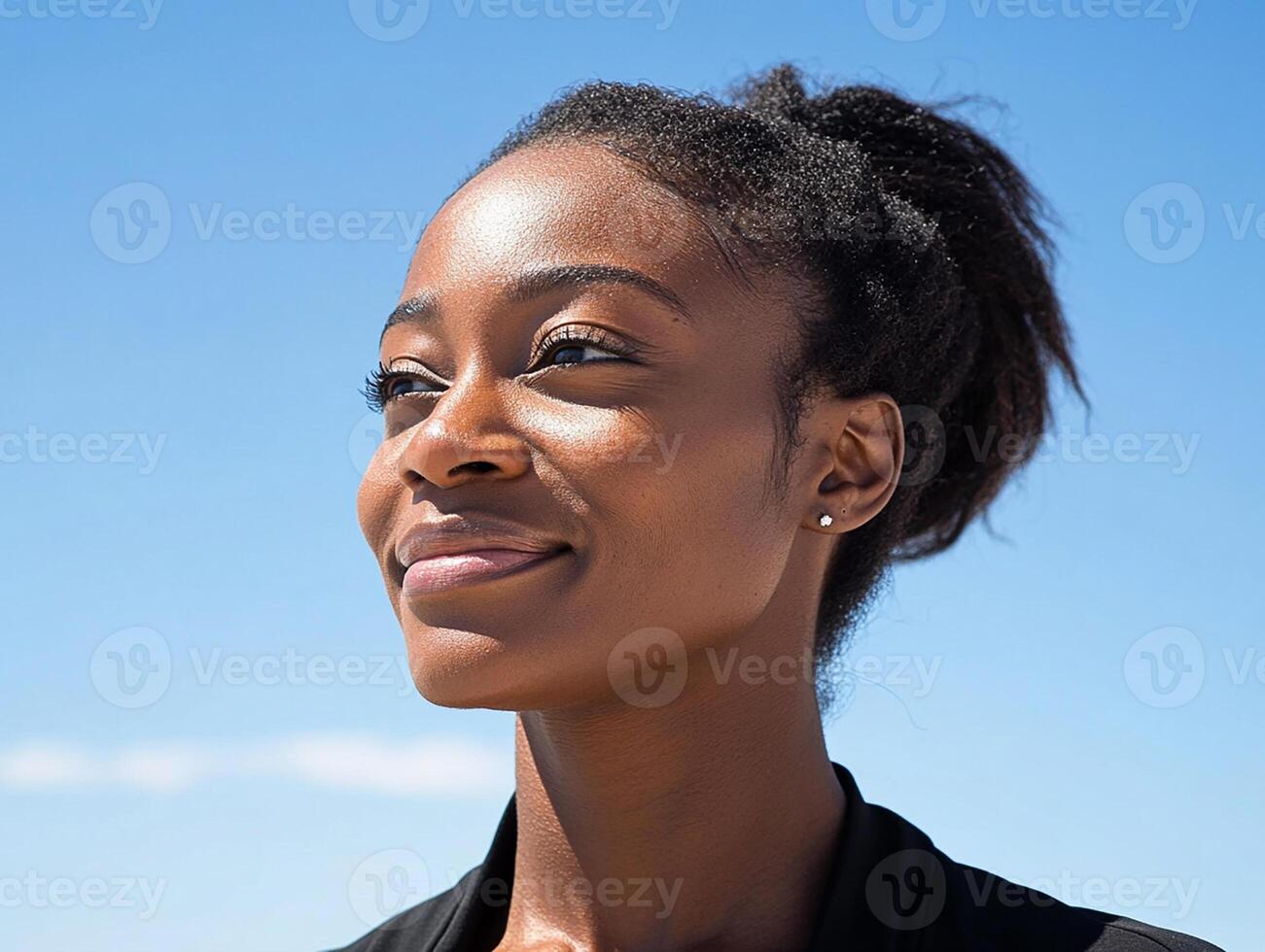 A woman with a smile looking up at the sky photo