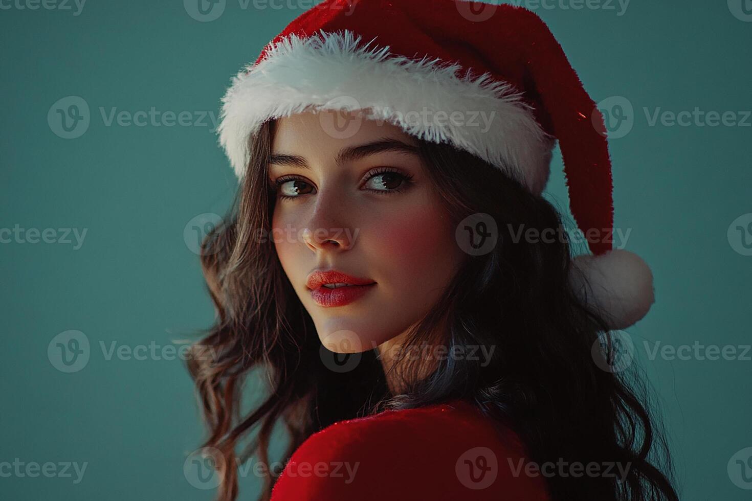 A beautiful woman wearing a santa hat photo