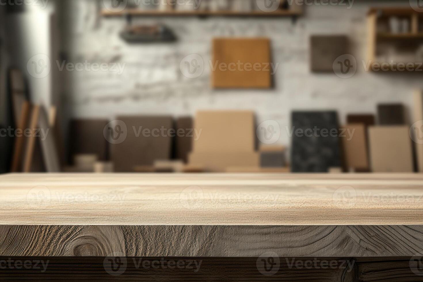 Wooden tabletop in a workshop with various materials. photo