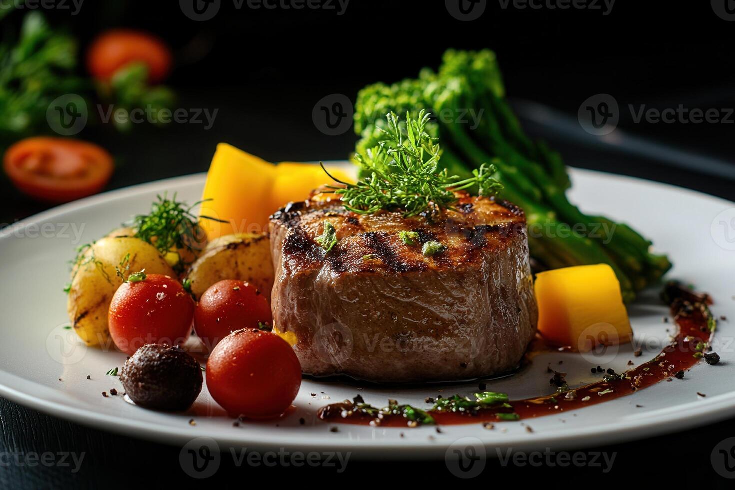 Grilled filet mignon steak with roasted vegetables on a white plate. photo