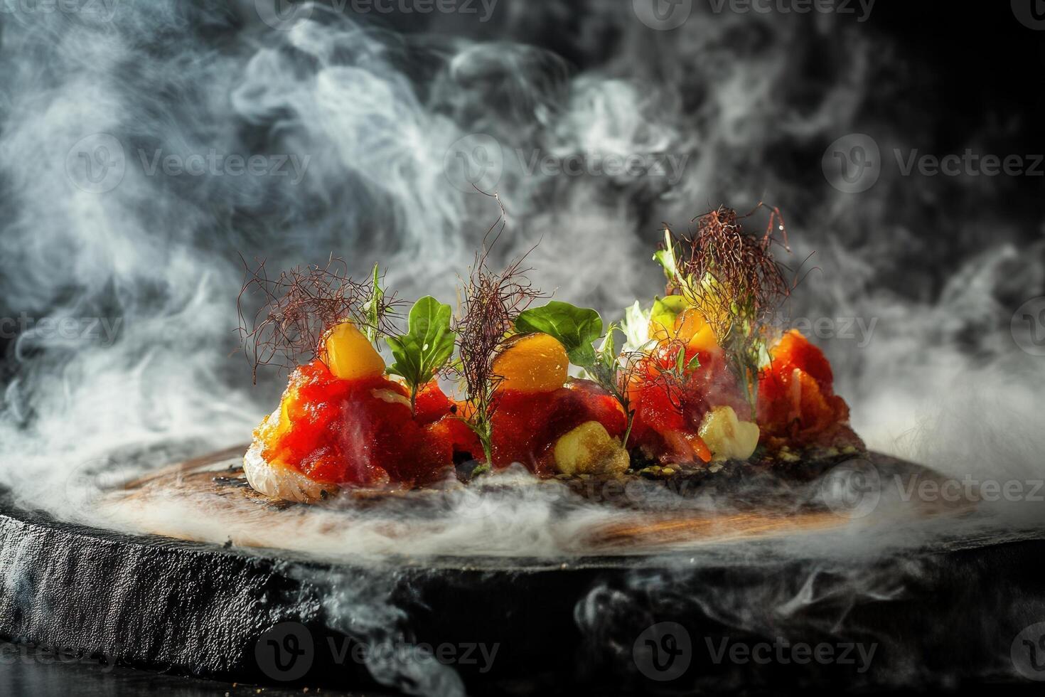 Smoked salmon tartar on wooden board with microgreens. photo