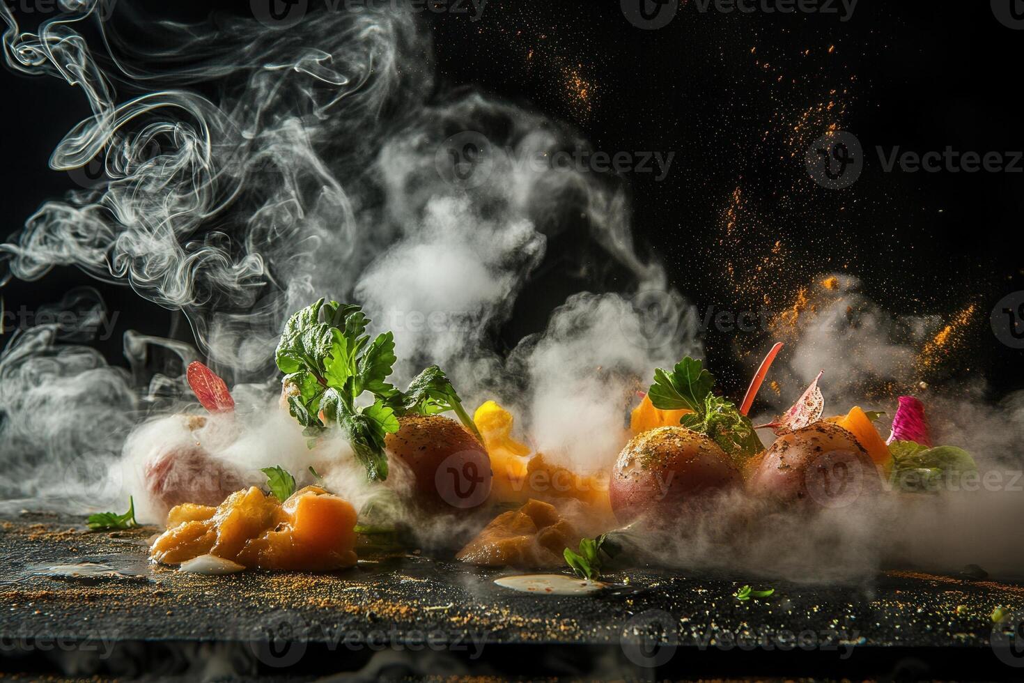 Smoked seafood appetizer with vegetables and spices on dark background. photo