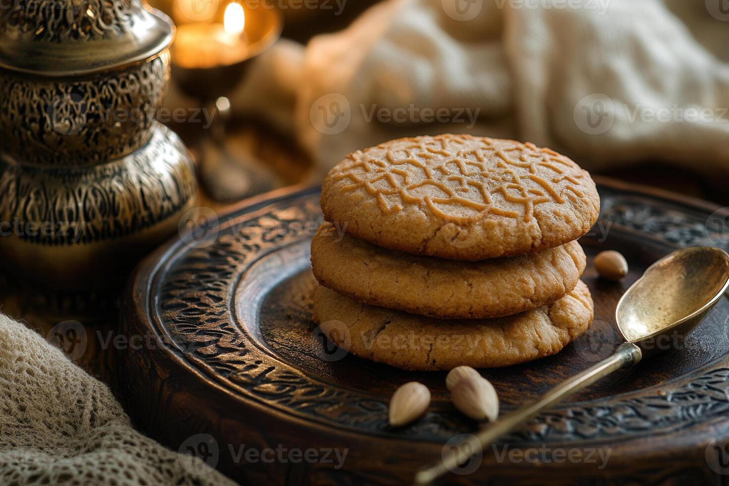 Stack of warm, textured cookies on a dark wooden plate, with pistachios and a vintage spoon, in a cozy, ambient setting with candles and a decorative metal container. photo