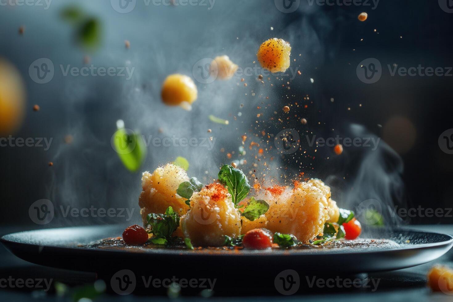 Steaming gnocchi with herbs and spices on a black plate. photo