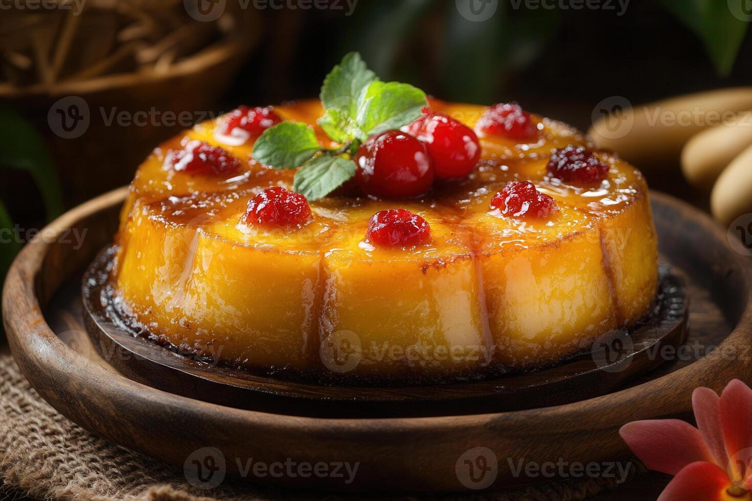 Caramelized pineapple upside-down cake with cranberries and mint. photo