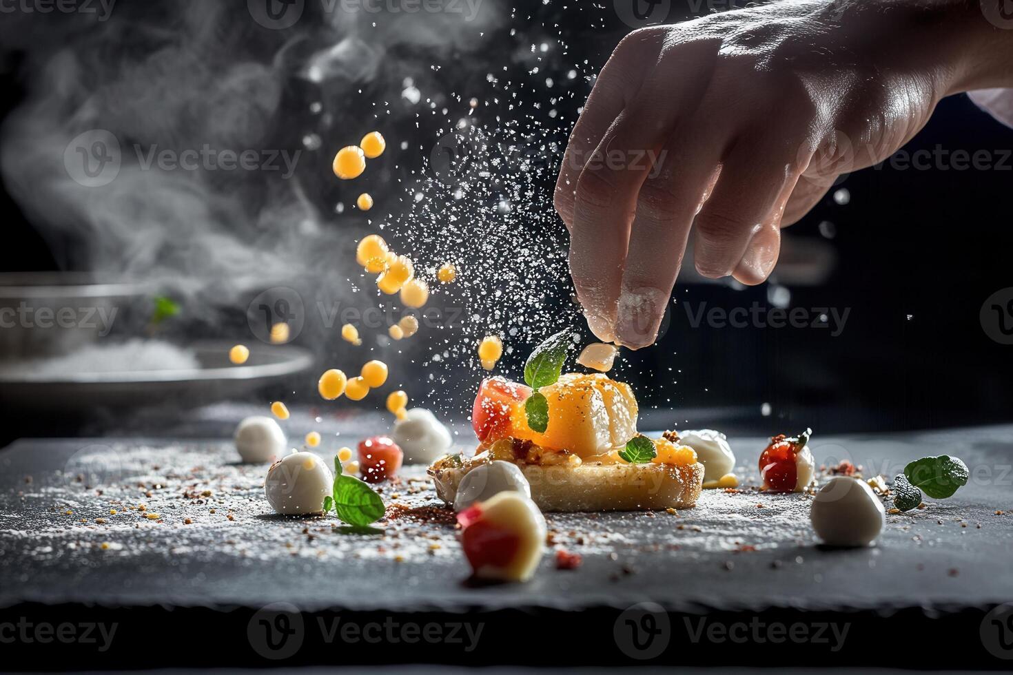 Chef preparing gourmet dessert with fruit, cheese, and spices. photo
