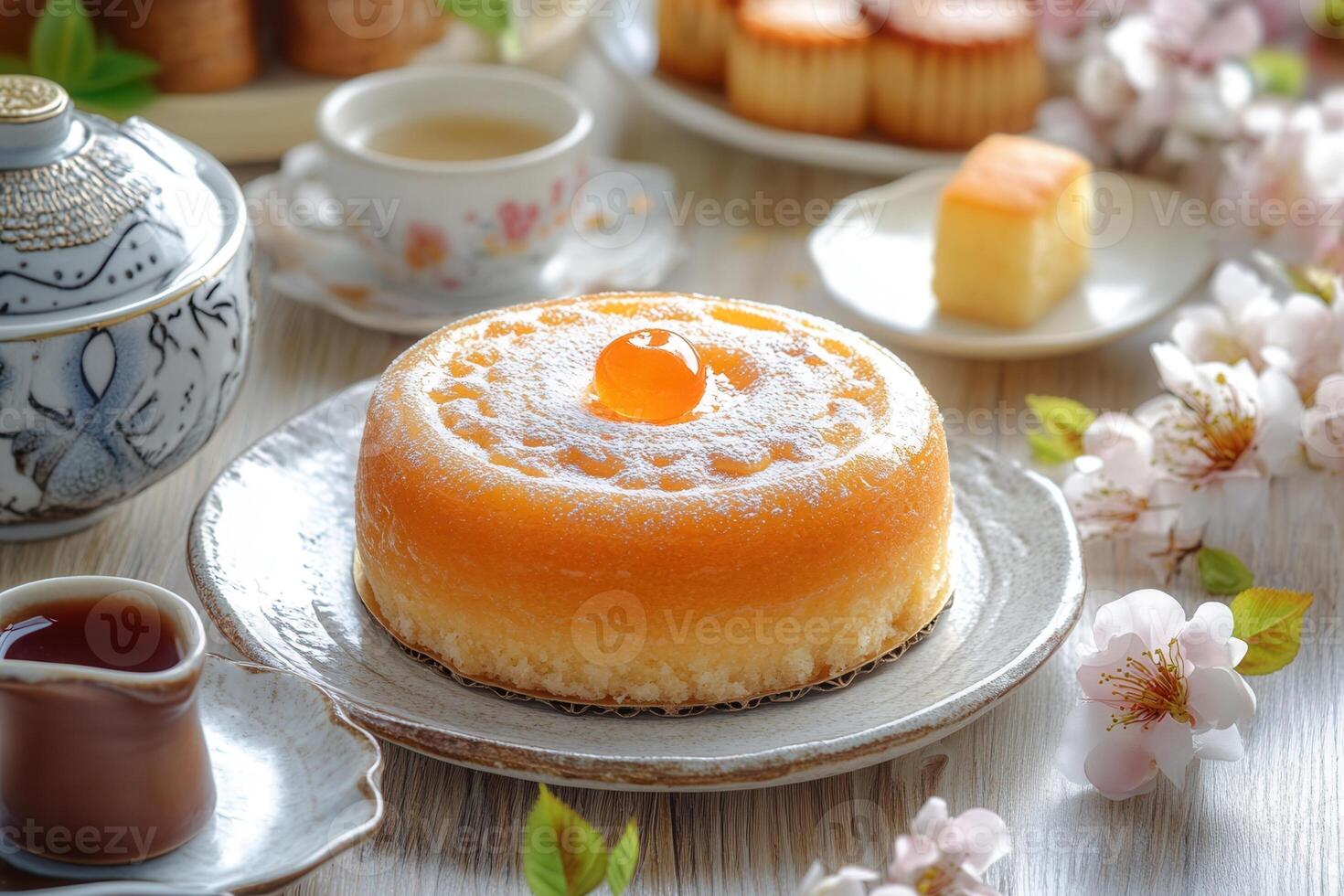 Delicious orange cake on plate with tea and pastries. photo