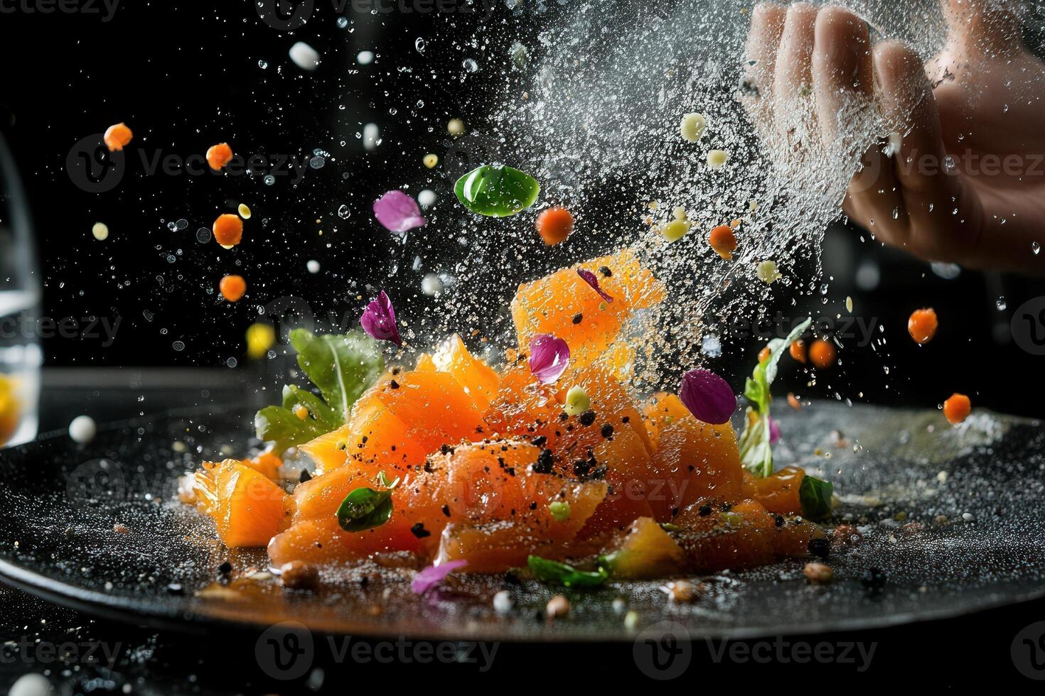 Delicious salmon dish with colorful spices being sprinkled. photo
