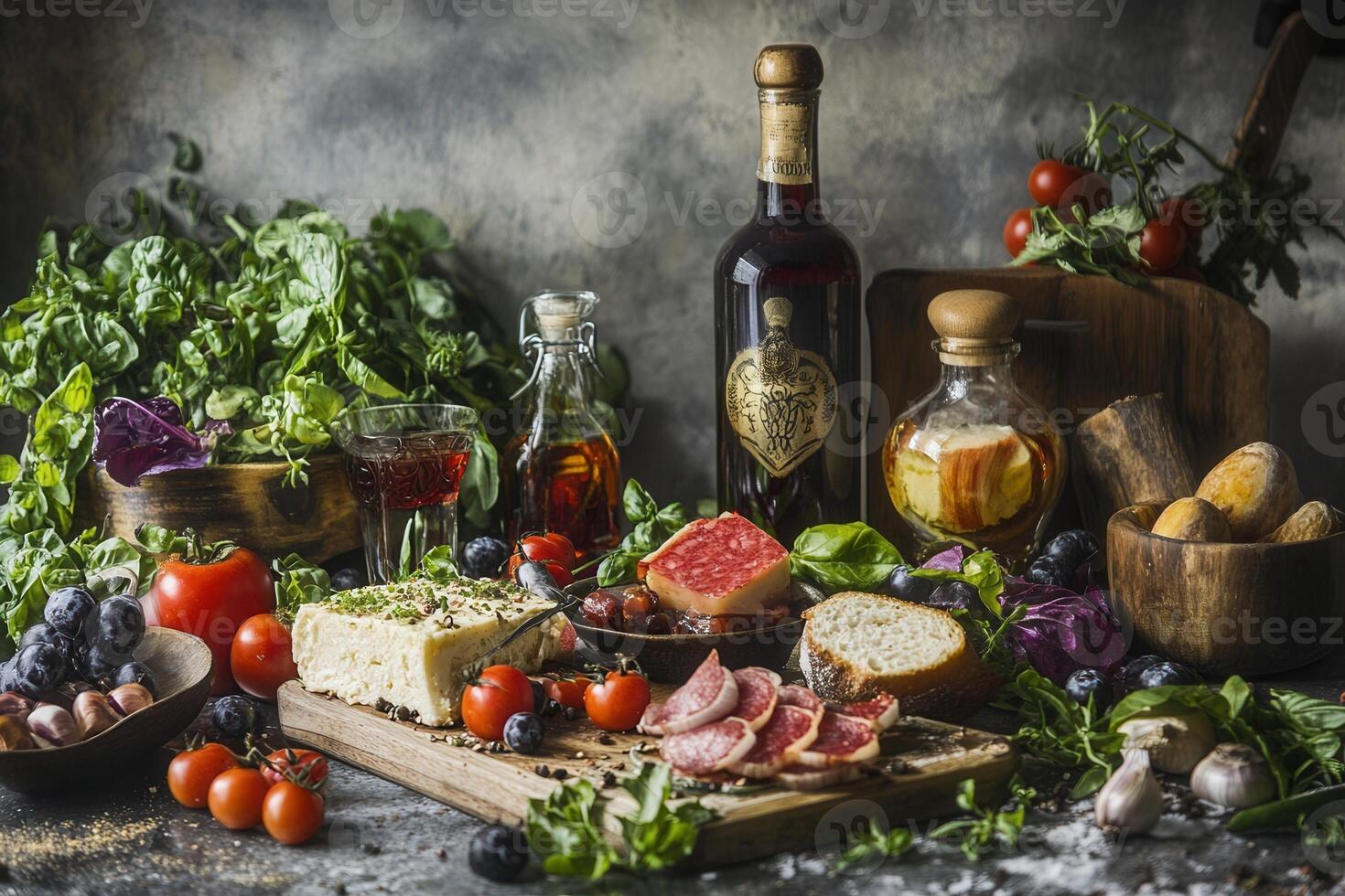 Rustic still life of cheese, salami, bread, wine, and fresh vegetables. photo