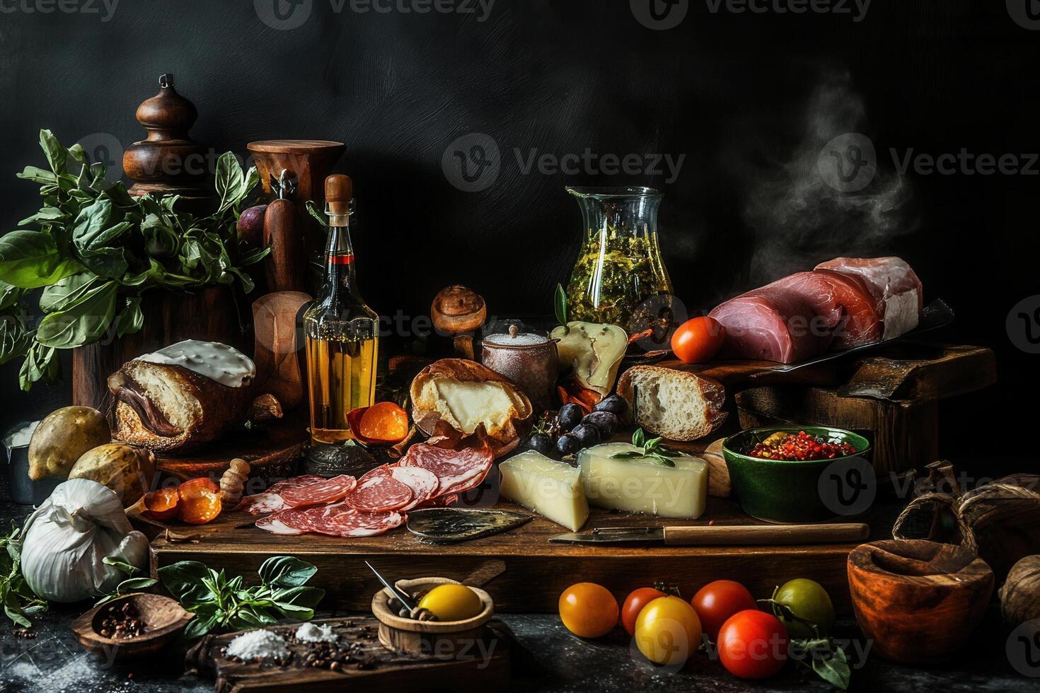 Rustic still life of assorted Italian food, including meats, cheeses, bread, vegetables, and herbs. photo