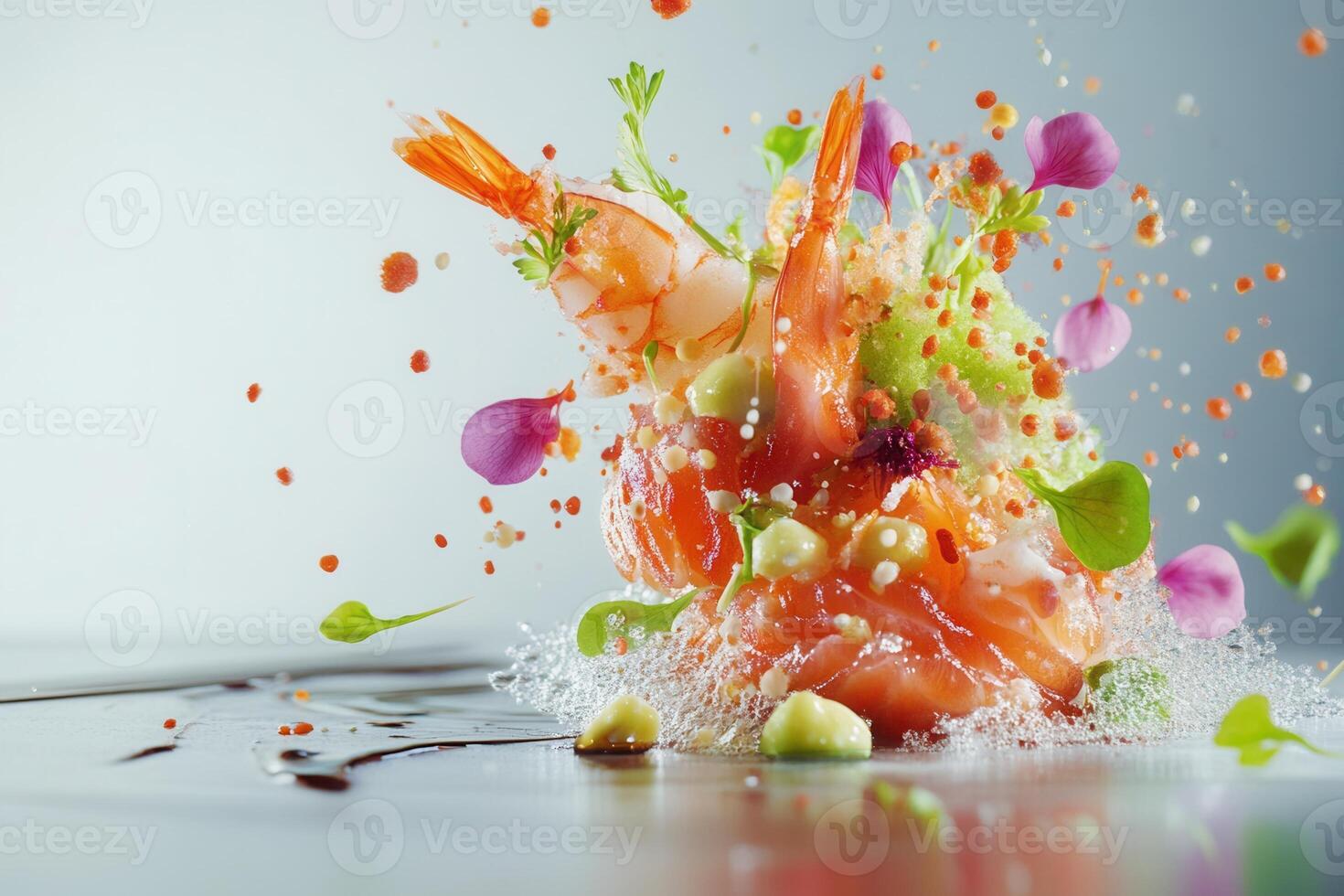 Exquisite seafood dish with vibrant colors and textures, showcasing shrimp, salmon, and avocado, presented in a visually stunning, artistic style, with splashes and droplets. photo