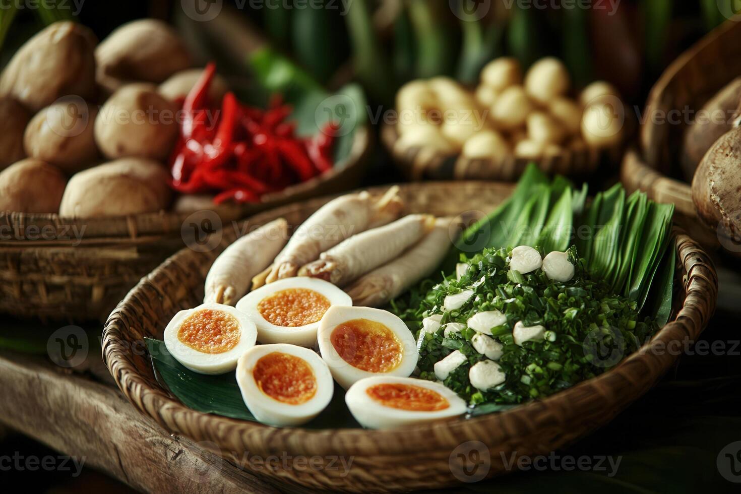 Assorted Asian ingredients, eggs, herbs, and spices in rustic baskets. photo