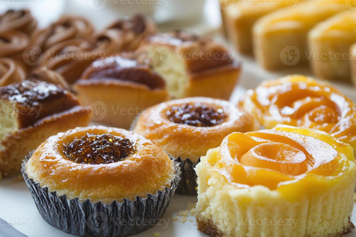 Assorted pastries, mini cakes, and tarts displayed on a white tray. Close-up view of various sweet baked goods, including round cakes filled with apricot jam and other fillings, showing textures and colors. photo