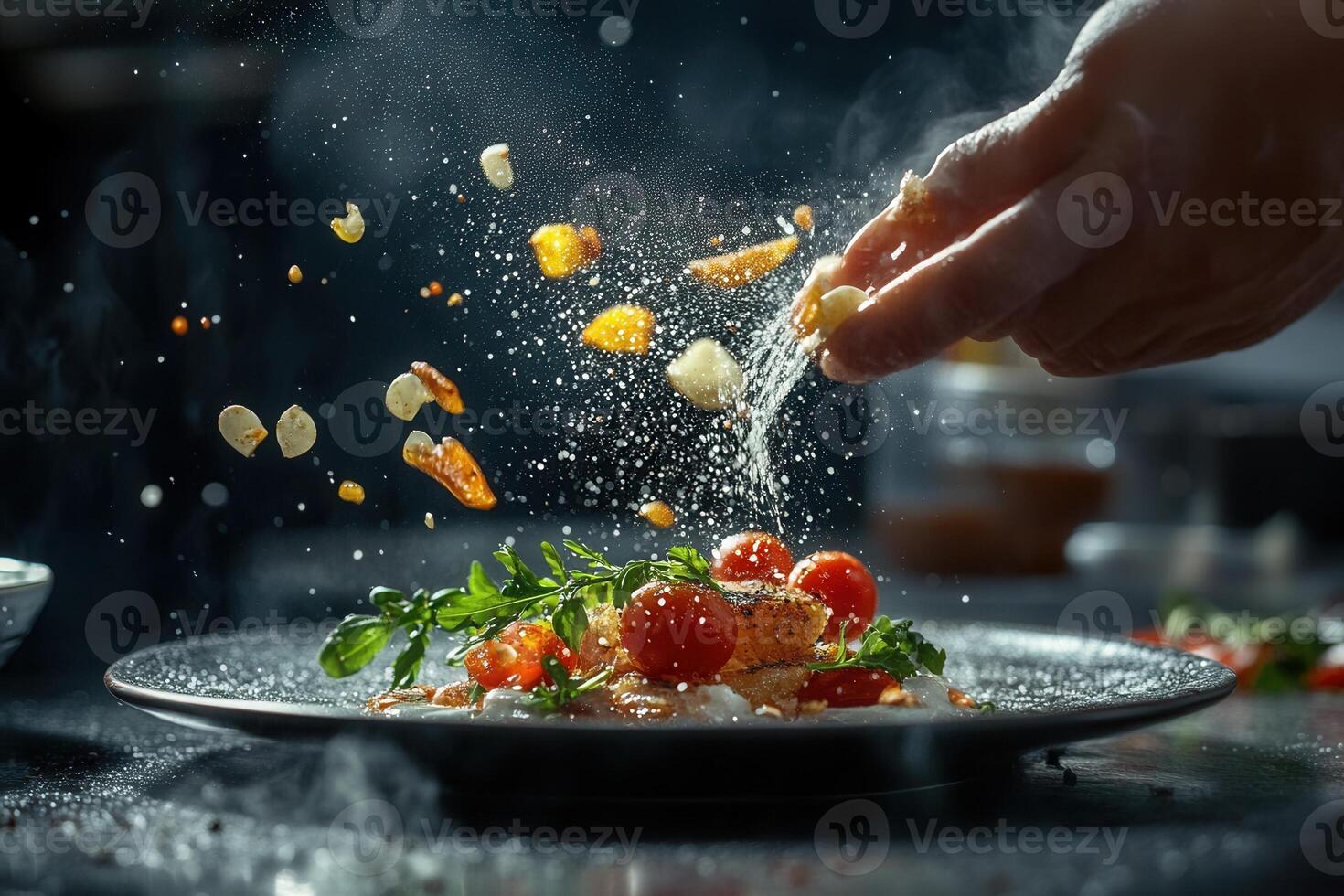 Chef adding crispy garnish to gourmet salad. photo