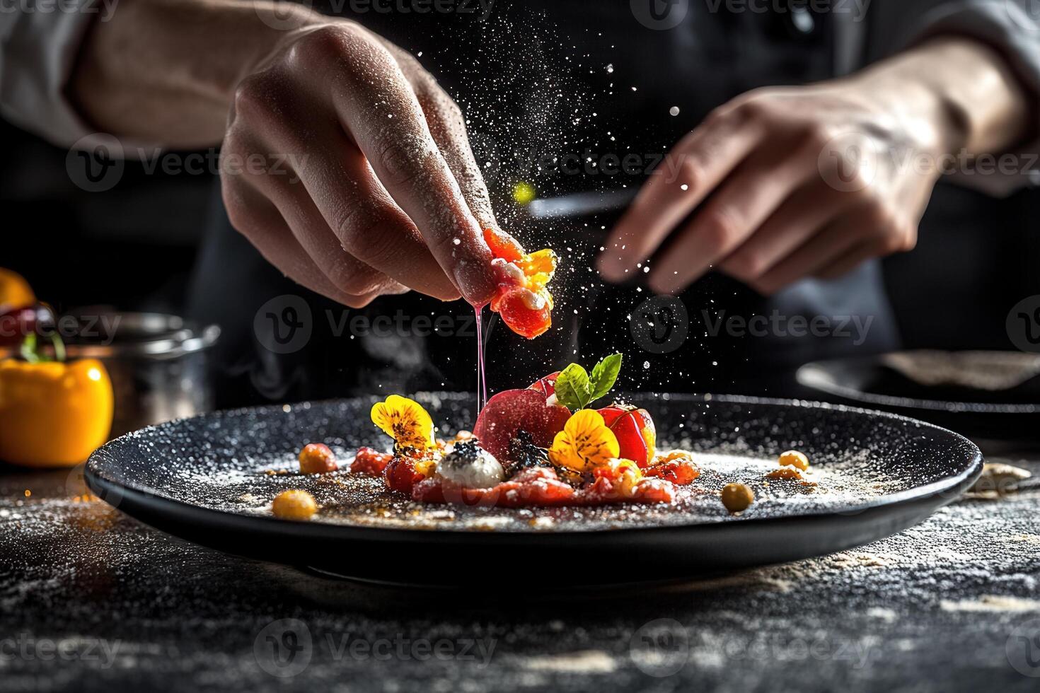 Chef expertly plating a gourmet dessert, adding final touches of powdered sugar and garnish. photo