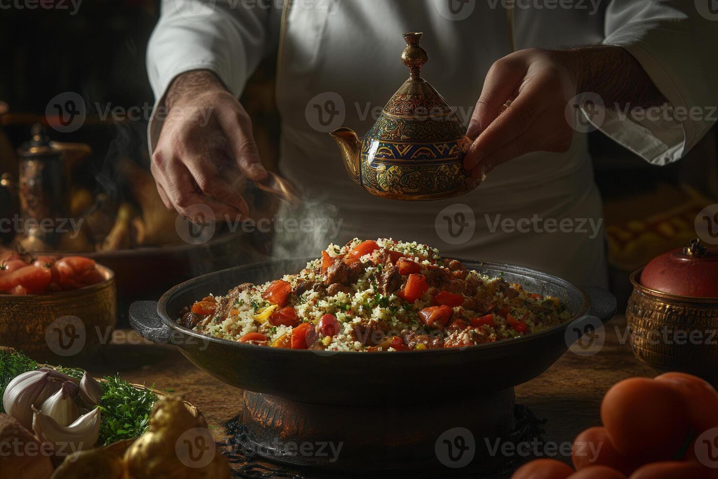 Chef preparing a flavorful dish of spiced rice with meat and vegetables in a large pan, steam rising. photo