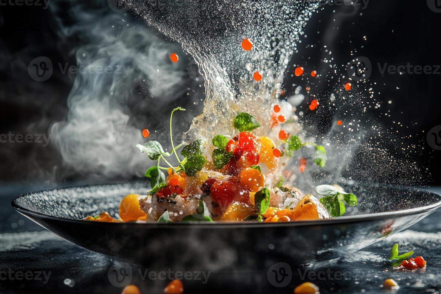 Steaming seafood dish with colorful caviar, herbs, and sauce explosion. photo