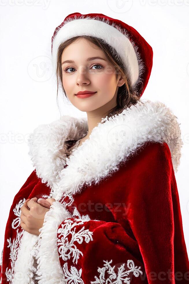 A woman in a santa costume posing for a photo
